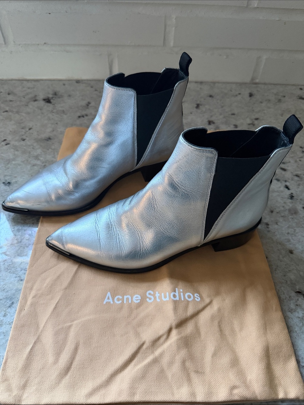 Acne Metallic Silver Pointed Chelsea Booties with Black Elastic